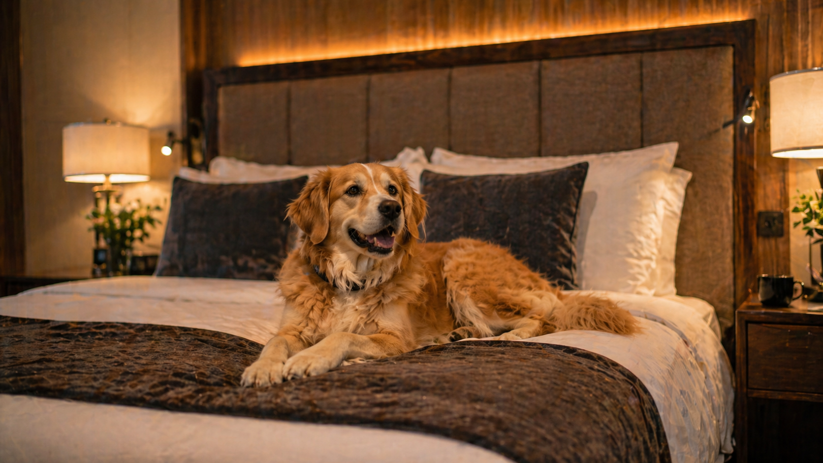 Hund entspannt im Hotelzimmer